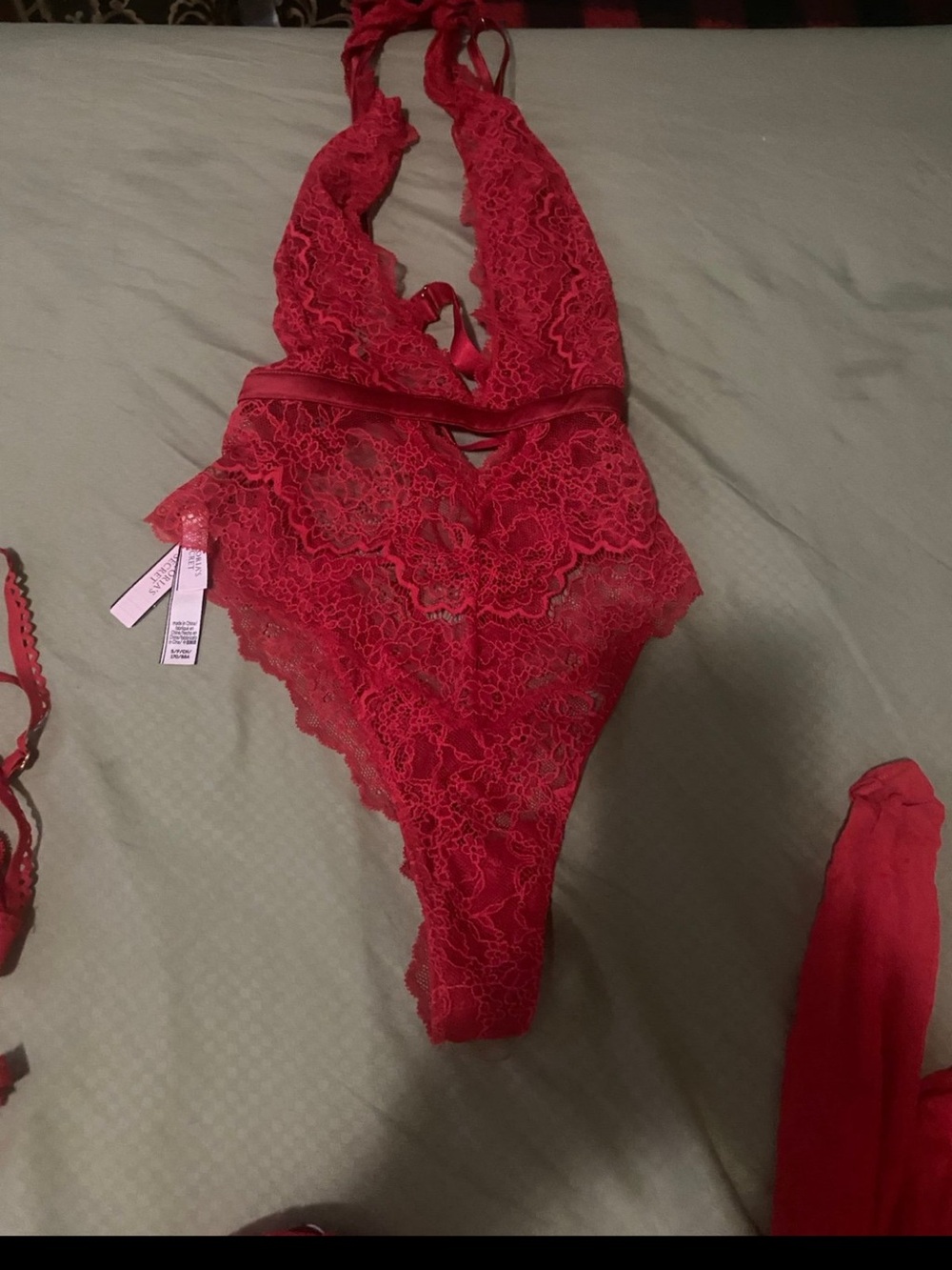 Victoria Secret Red Lace Halter Teddy Bodysuit and Lingerie